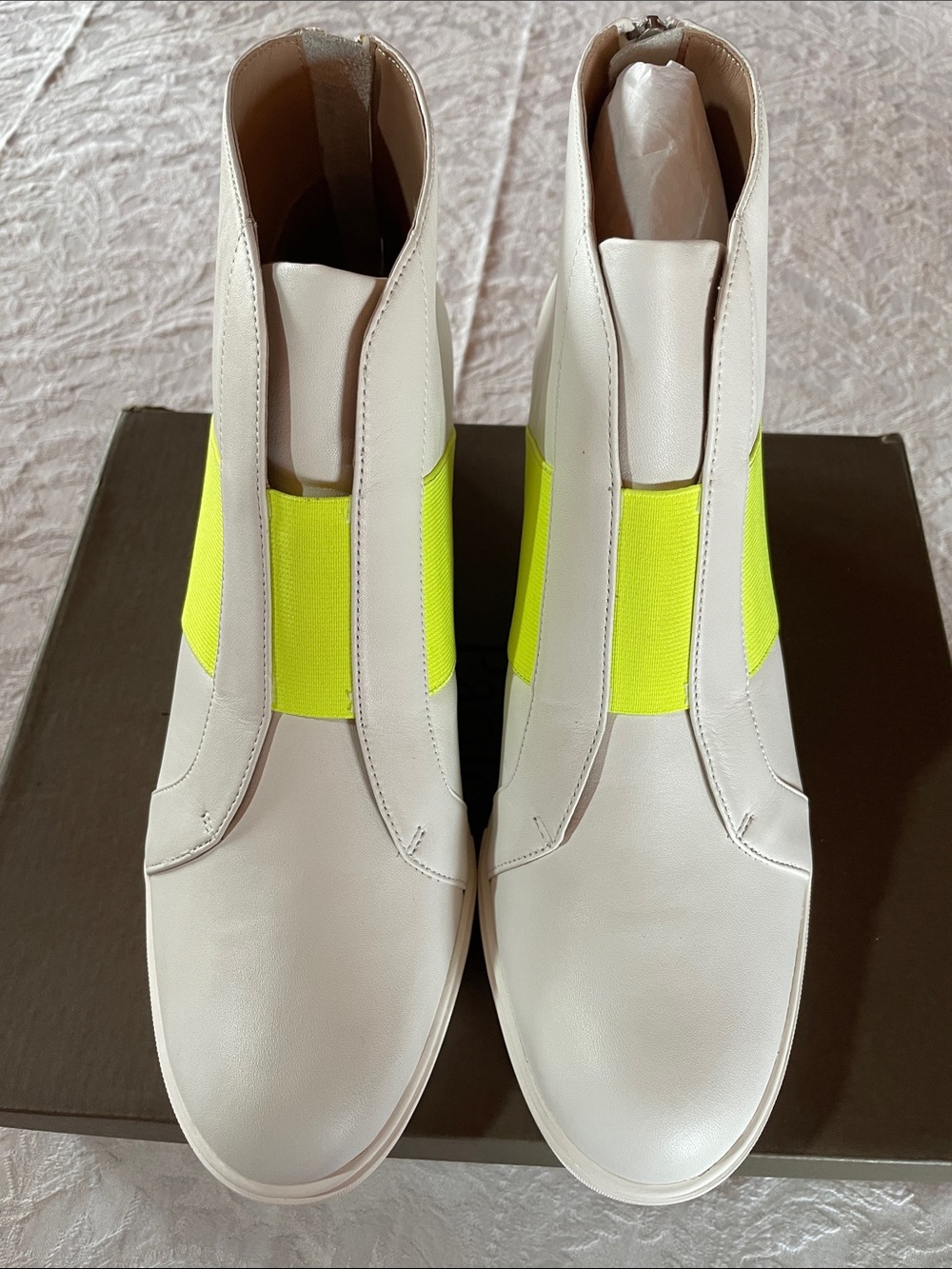 Paolo White Soft Calf Leather Ankle Boots with Neon Yellow Elastic Panels Sz 11M